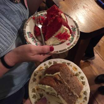 Red velvet cake and banana cake at the Gathering, with a cameo appearance by the lovely Issi of Gluten Free in London!